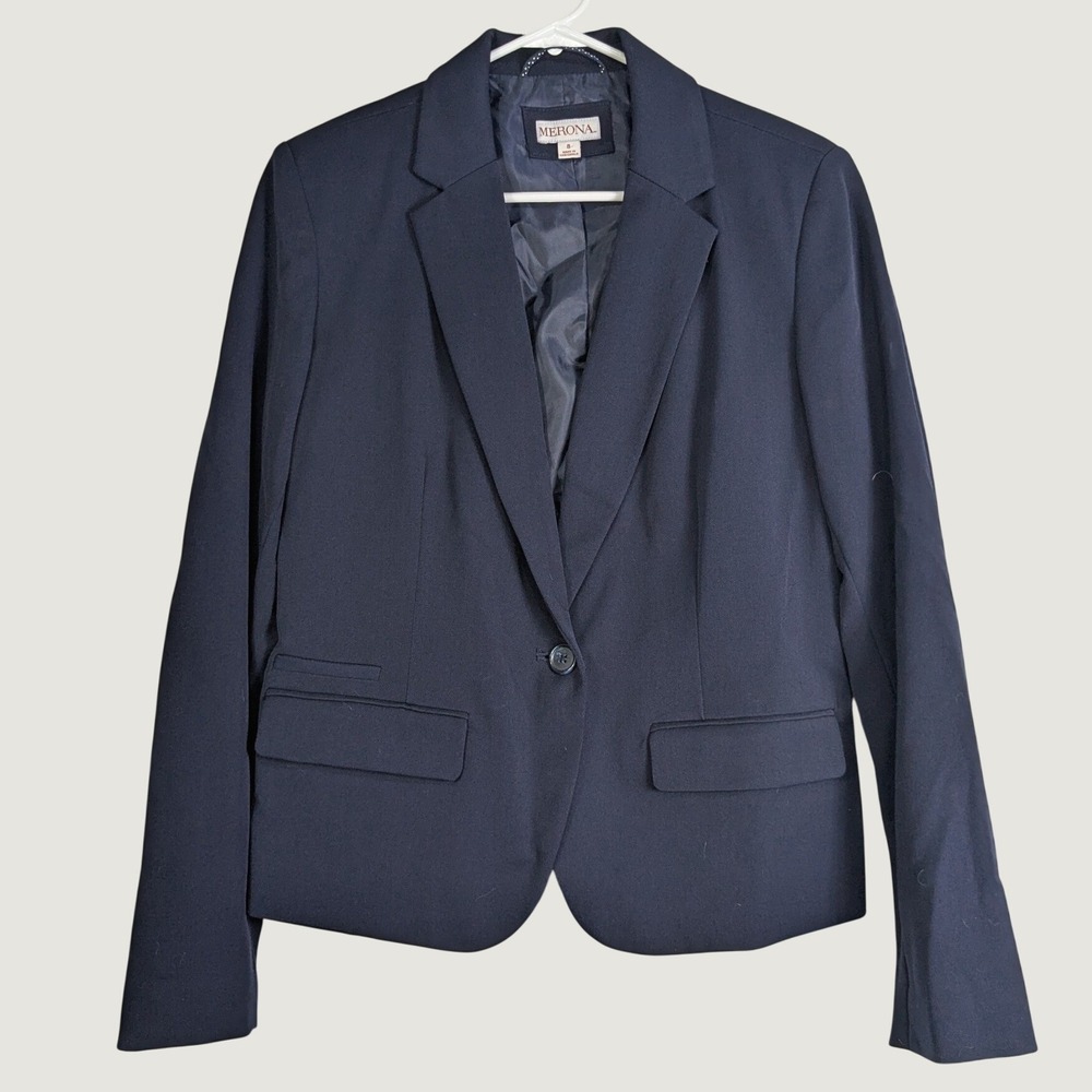 Merona Womens Navy Blue Single Button Blazer Jacket  8 Notched Lapel Business